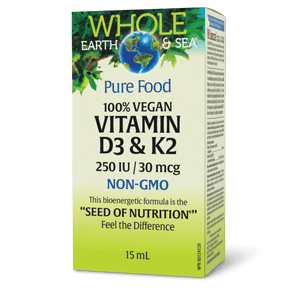 Natural Factors Whole Earth & Sea 100% Vegan Vitamin D3 & K2, 15 ML