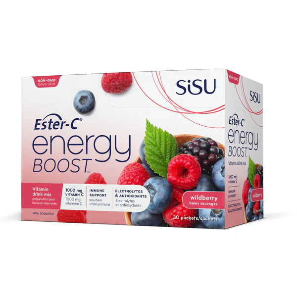 Box of SISU Ester-C Energy Boost with berries on a white background