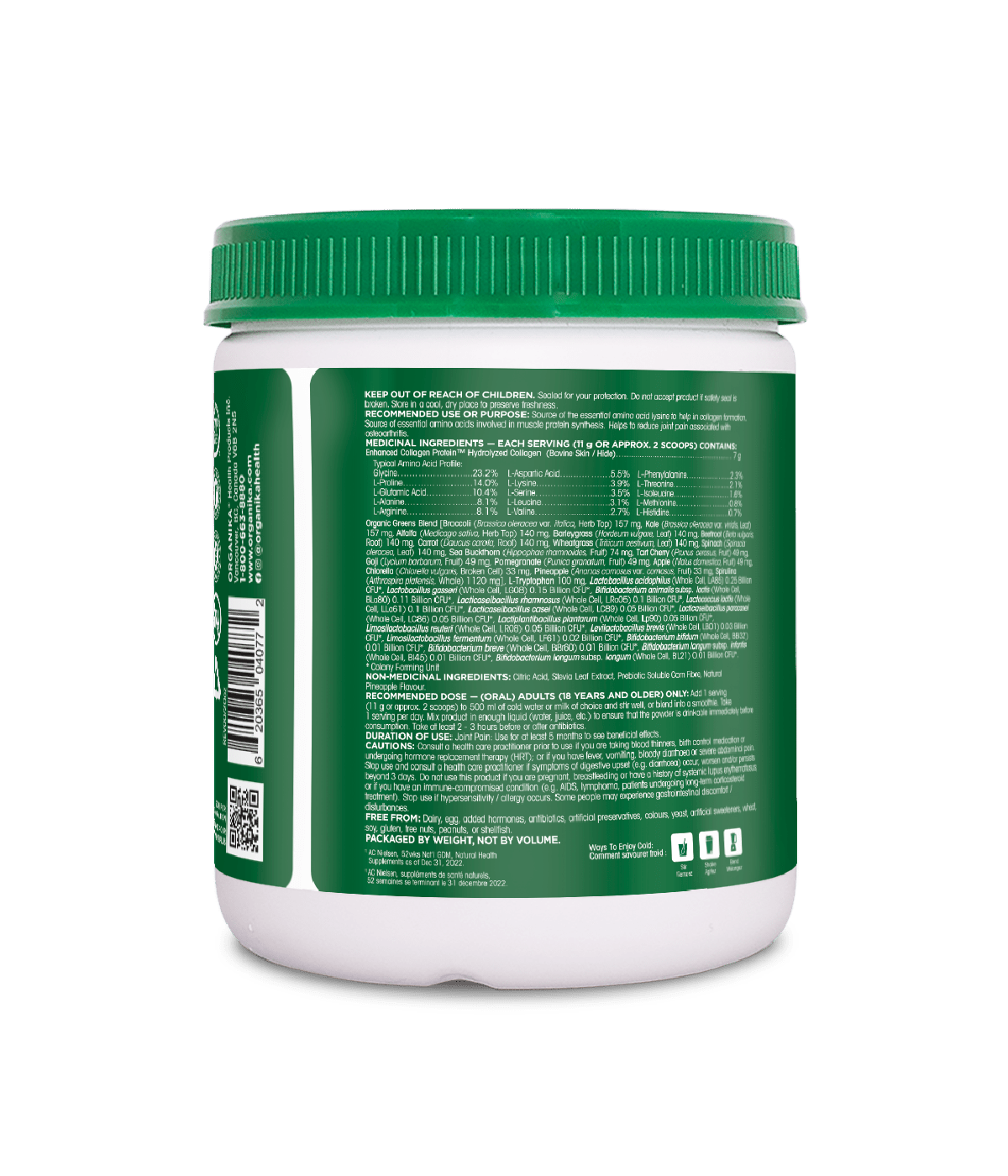 Organika Enhanced Collagen Protein Power Greens with Probiotics, 220g label