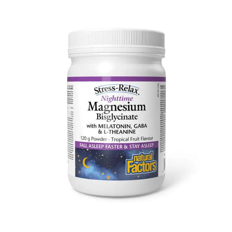 Container of Stress-Relax Magnesium Bisglycinate supplement on a white background