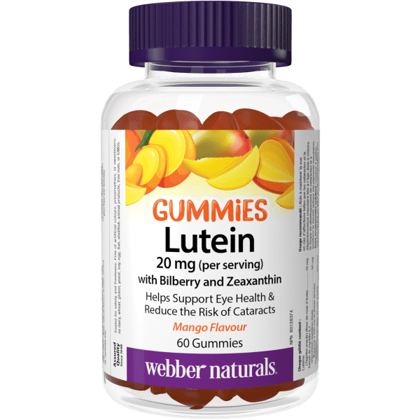 A bottle of Webber Naturals Lutein Gummies with Bilberry & Zeaxanthin, 60 mgummies with a mango flavor theme, indicating support for eyesight with reduced sugar content.