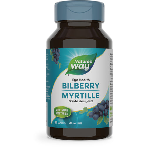 Nature's Way Bilberry supplement bottle with 60 capsules. The label shows the product name, bilberry myrtille, and mentions it is for eye health.