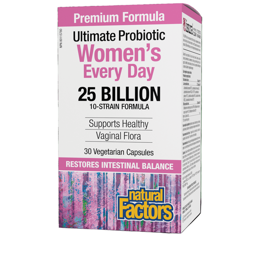 Box of Natural Factors Women's Every Day Probiotic 25 Billion with 30 VCaps. The packaging is pink and white with product information and branding visible.
