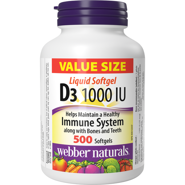 A bottle of Webber Naturals Vitamin D3 1000 IU liquid softgels. The label indicates that there are 500 softgels in the bottle, with a value size indication, and that the product helps maintain immune system health along with bones and teeth.
