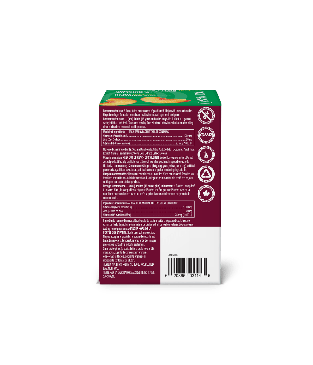 Organika Instant C, D, Zinc Immunity Effervescent - Peach 10 tabs x 8 tubes