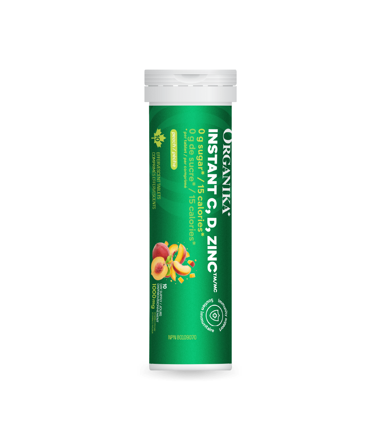 Organika Instant C, D, Zinc Immunity Effervescent - Peach 10 tabs x 8 tubes