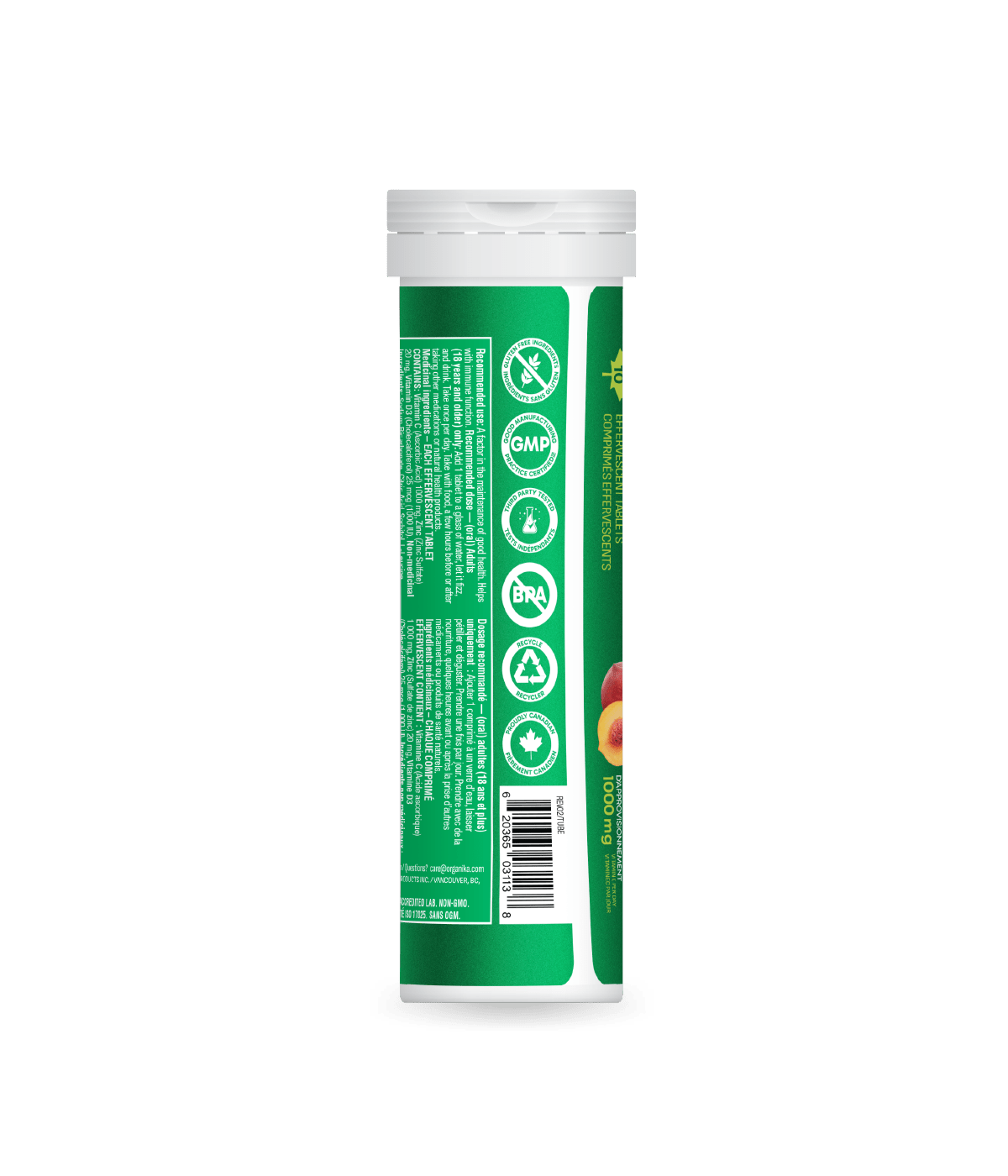 Organika Instant C, D, Zinc Immunity Effervescent - Peach 10 tabs x 8 tubes
