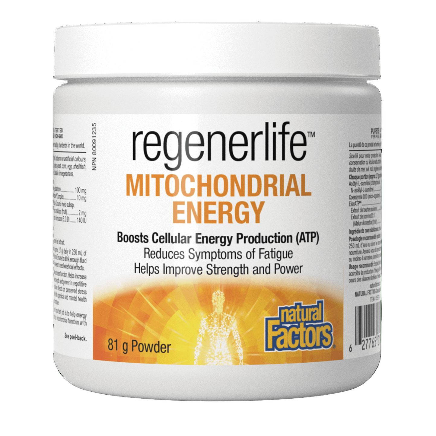 A container of Natural Factors RegenerLife Mitochondrial Energy powder, which is labeled to help boost cellular energy production and reduce symptoms of fatigue.