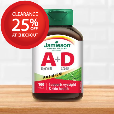 【clearance】Jamieson Vitamin A + Vitamin D, 100 Softgels EXP AUG 2026
