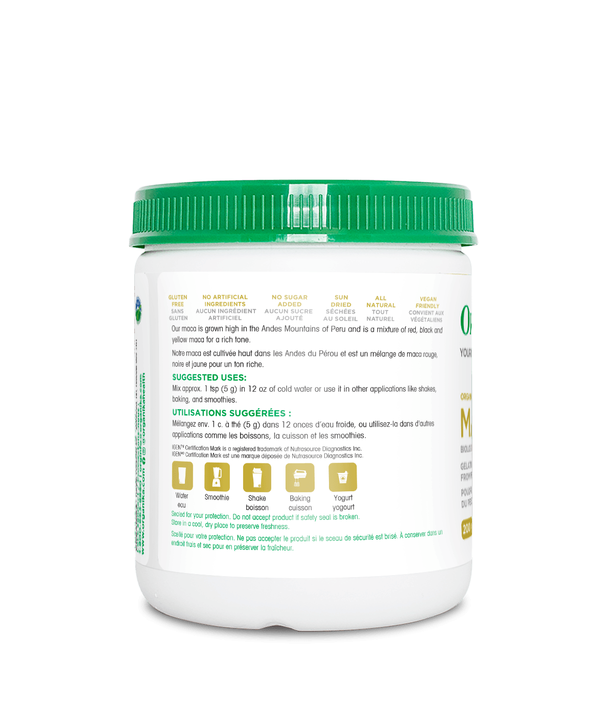 Organika maca powder side panel label information of Canadian version