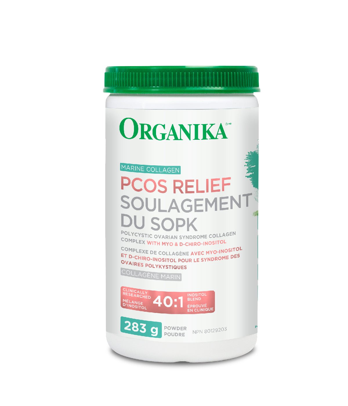 Organika PCOS Relief supplement container on a white background 283 g Canadian label version sold on natvd.com