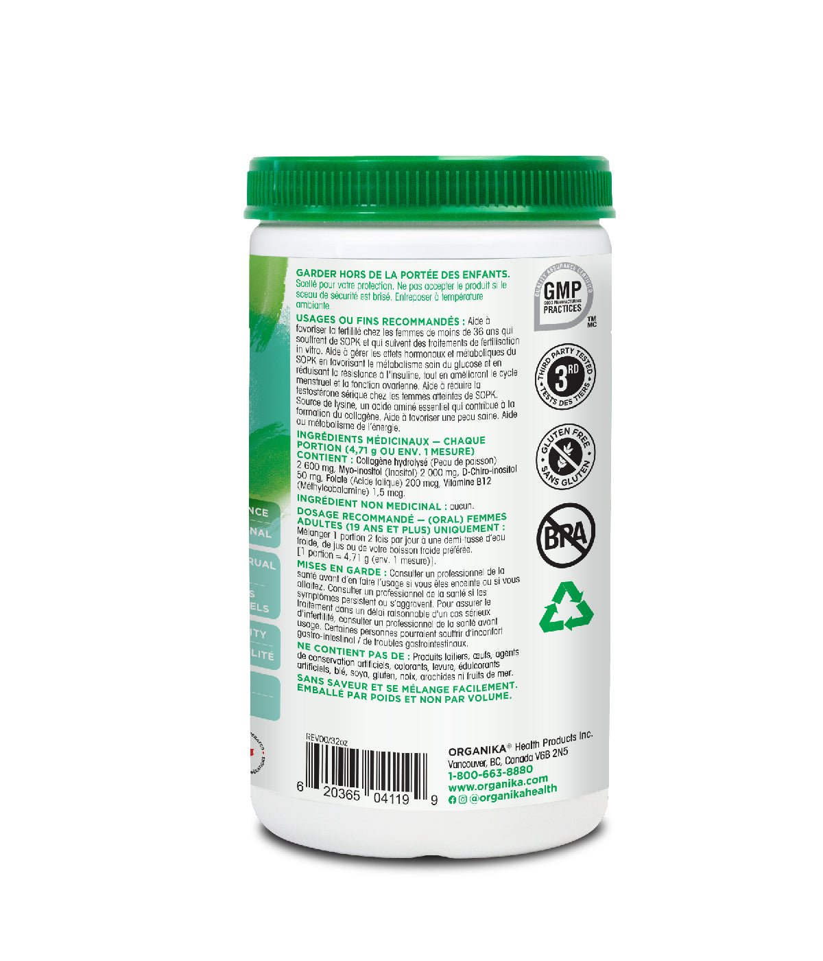 Organika PCOS Relief supplement container on a white background 283 g Canadian label version sold on natvd.com side view of label