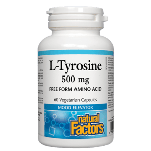 Bottle of L-Tyrosine 500 mg supplement by Natural Factors on a white background Natural Vitamin Direct Inc Shop Canadian since 1997