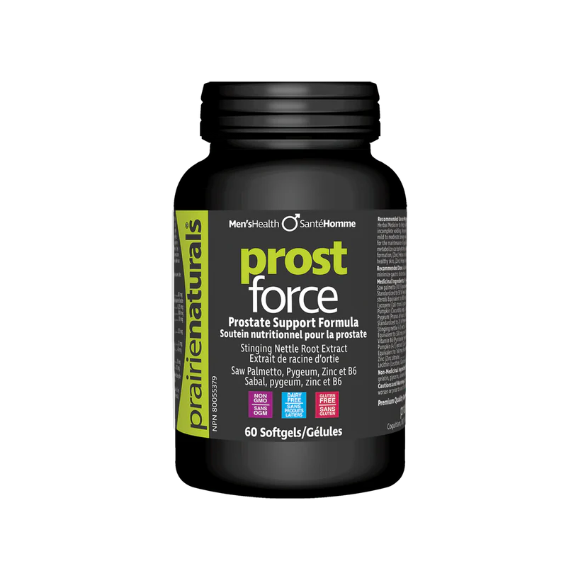 Black bottle of Prost Force supplement with label on a white background Canadian label natvd.com