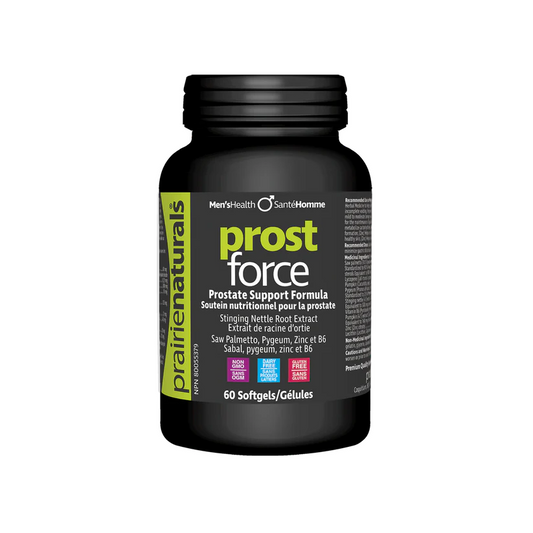 Black bottle of Prost Force supplement with label on a white background Canadian label natvd.com