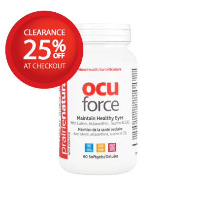 OCU force supplement bottle with a clearance label on a white background