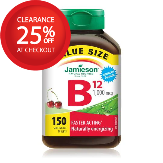 Jamieson B12 supplement bottle with clearance offer on a white background