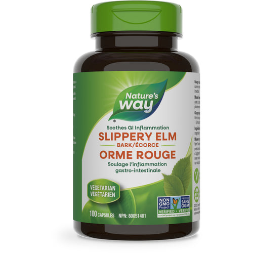 A bottle of Nature's Way Slippery Elm Bark capsules with green labeling indicating it is Vegetarian and Non-GMO Project Verified.