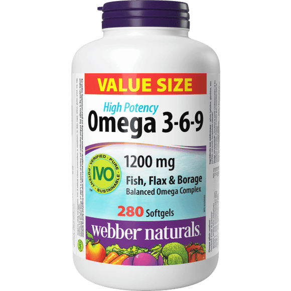 Webber Naturals Omega 3-6-9 1200 毫克软胶囊，鱼油、亚麻和琉璃苣油，280 粒软胶囊