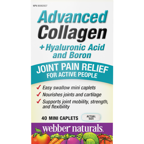 Packaging of Webber Naturals Advanced Collagen, containing Hyaluronic Acid and Boron, with 40 mini caplets for joint pain relief.