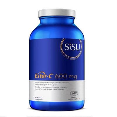 Blue supplement bottle labeled 'SISU Ester-C 600 mg' on a white background natural vitamin direct
