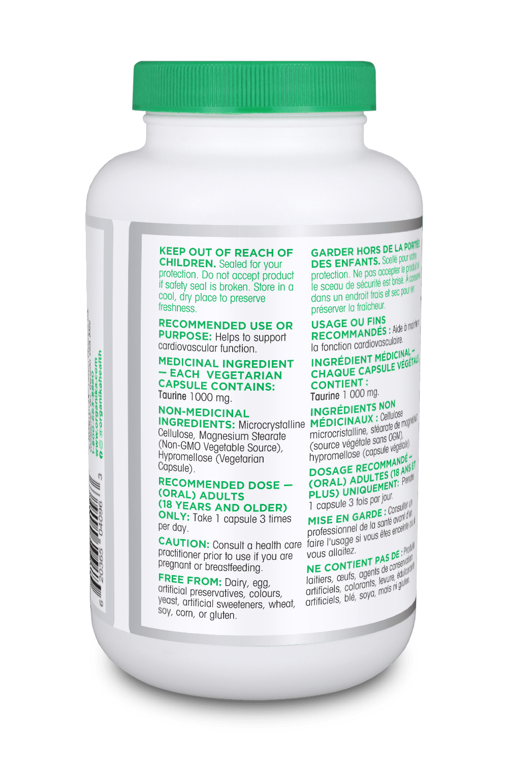 Organika Taurine 3000 supplement bottle on a transparent background 240 vegetarian capsules Canadian label version natvd side label information