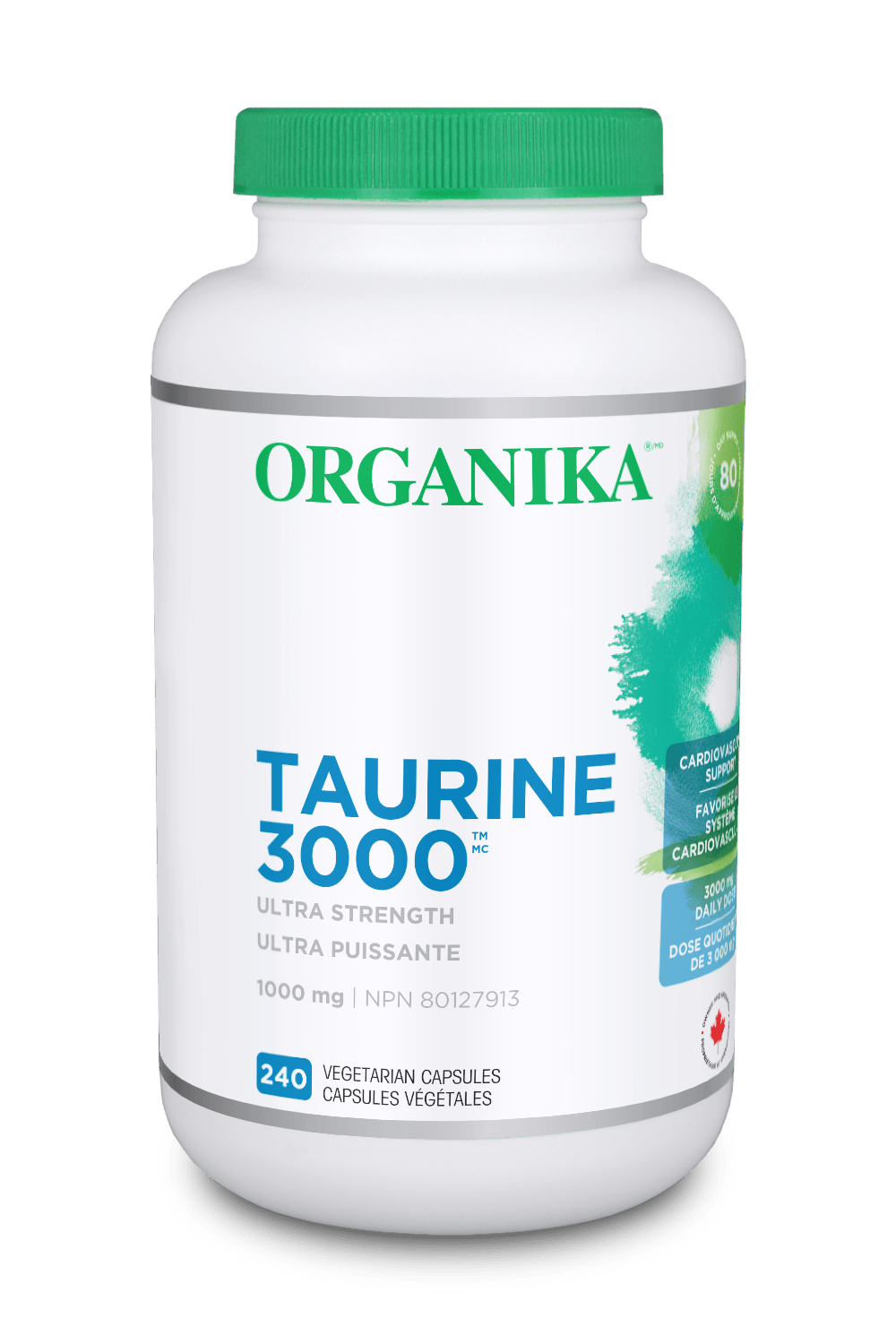 Organika Taurine 3000 supplement bottle on a transparent background 240 vegetarian capsules Canadian label version natvd
