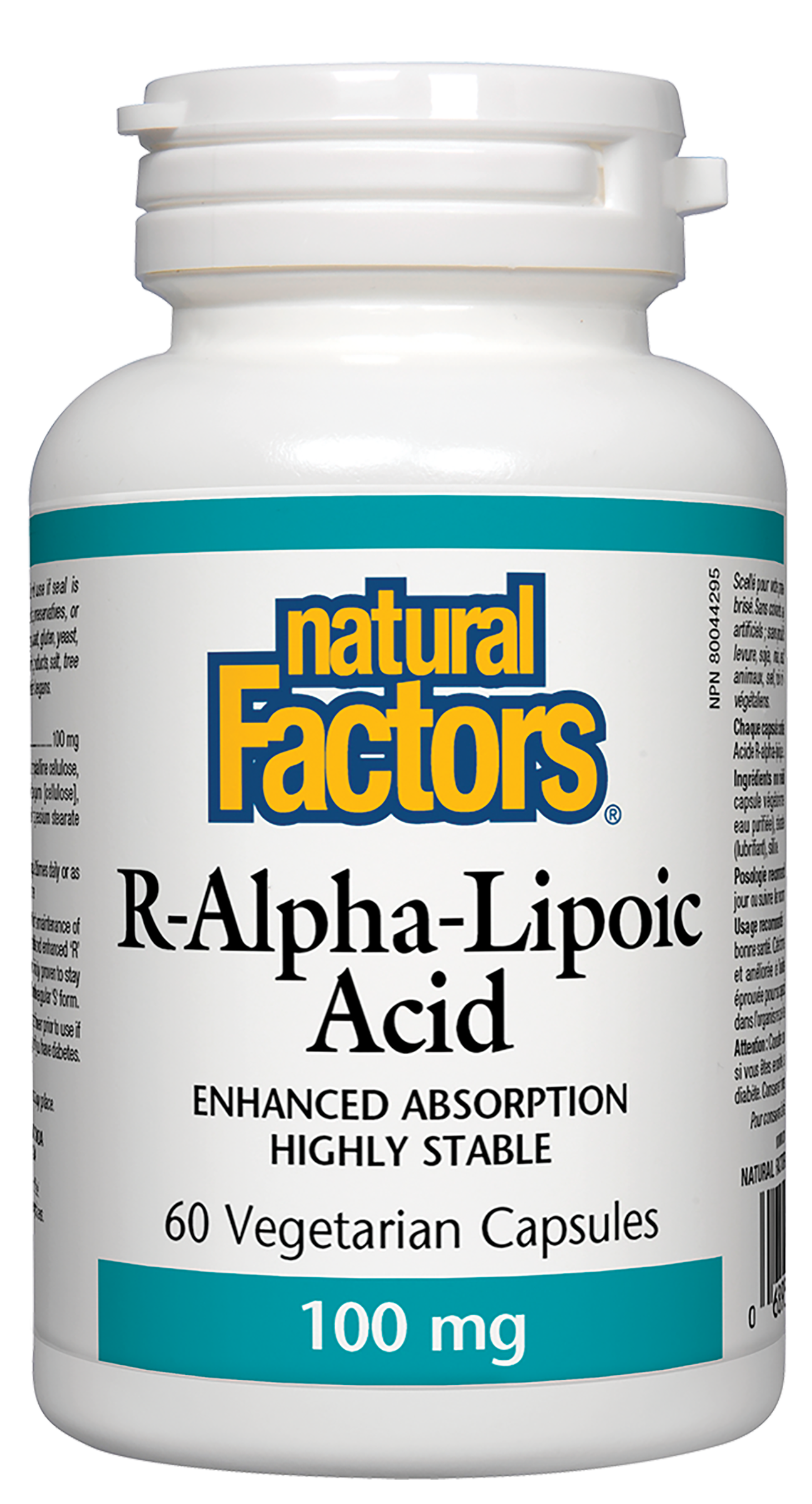 Bottle of Natural Factors R-Alpha-Lipoic Acid, 100 mg, with 60 vegetarian capsules.