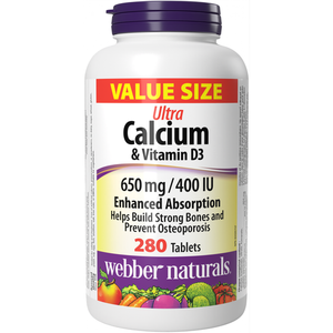 Webber Naturals 強效吸收超級鈣和維生素 D3， 650 毫克/400 IU，加量裝280 素食片