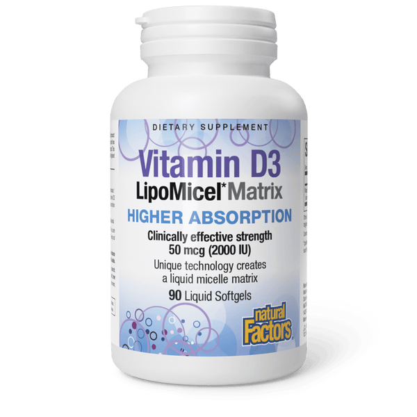 A bottle of Natural Factors Vitamin D3 LipoMicel Matrix liquid softgels with 50 mcg (2000 IU) containing 90 softgels.