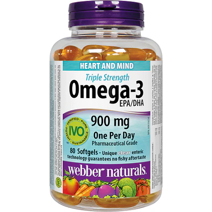 Bottle of Webber Naturals Omega-3 supplements on a white background