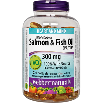 Bottle of Webber Naturals Wild Alaskan Salmon & Fish Oil on a white background