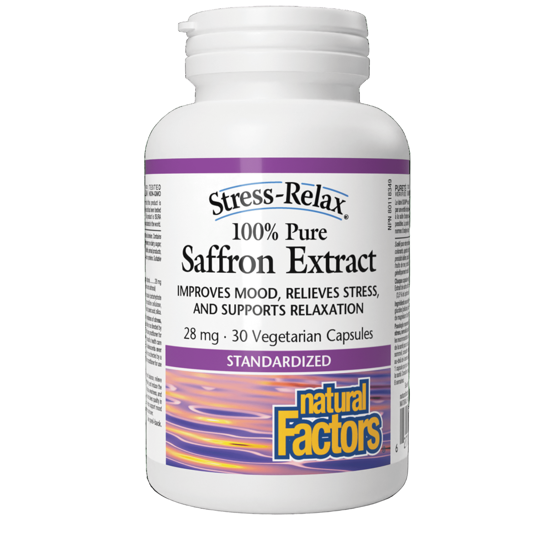 Bottle of Stress-Relax 100% Pure Saffron Extract by Natural Factors on a green background