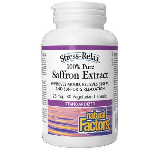 Bottle of Stress-Relax 100% Pure Saffron Extract by Natural Factors on a green background