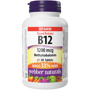 Webber Naturals Vitamin B12 Methylcobalamin 1200 mcg Timed release, 80Tablets