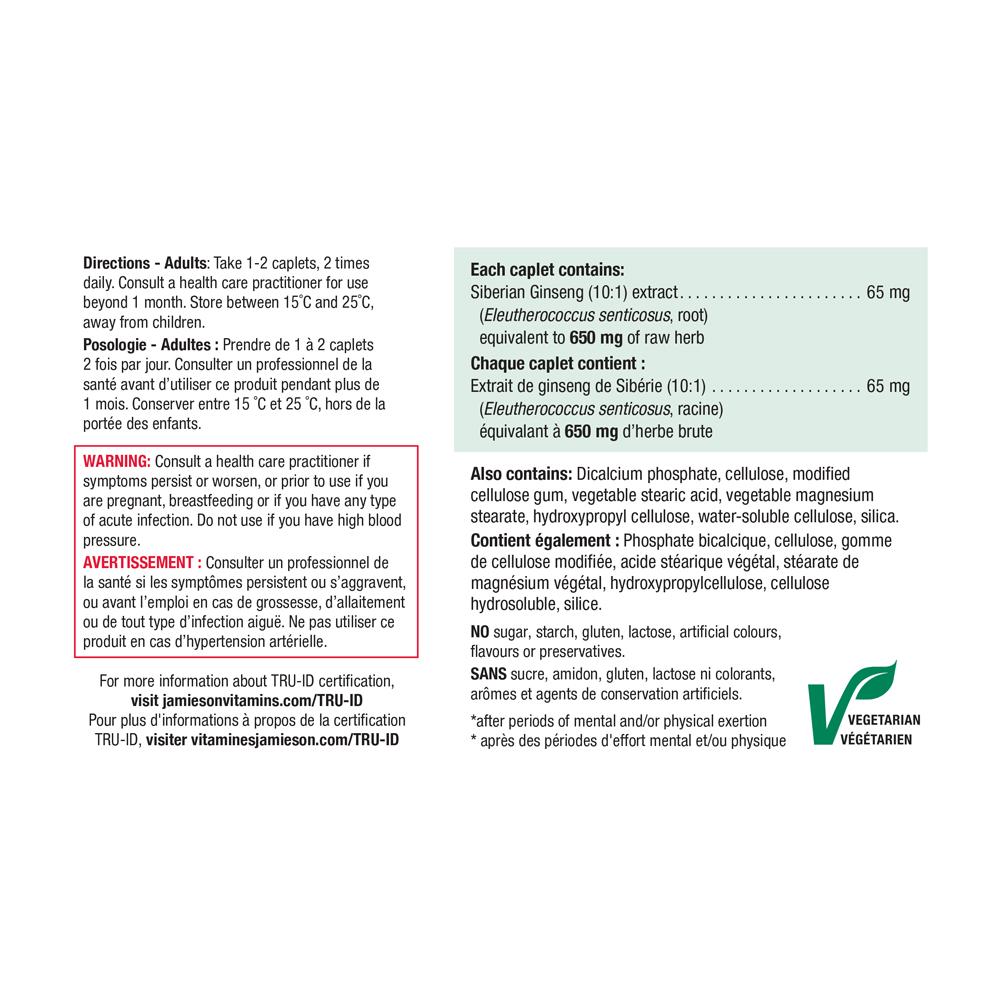 Jamieson Siberian Ginseng 100 caplets Information panel photo Canada