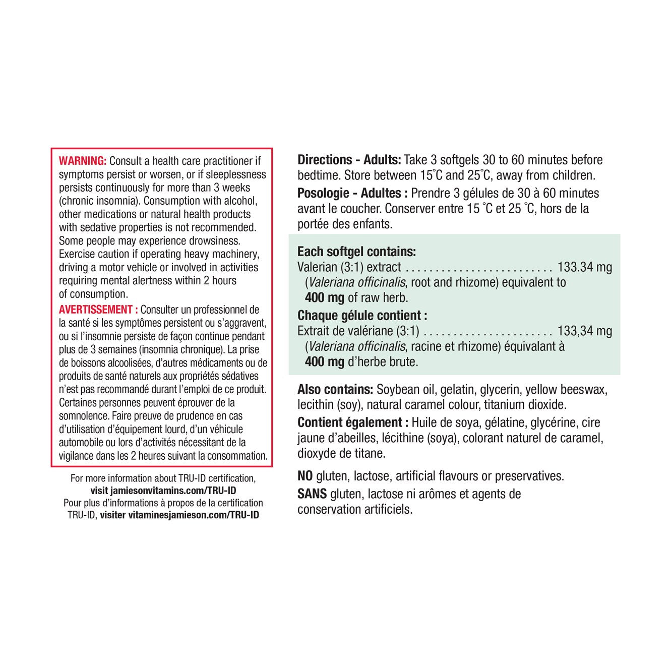 健美生 Jamieson Valerian 60 softgels Canada ingredient information panel