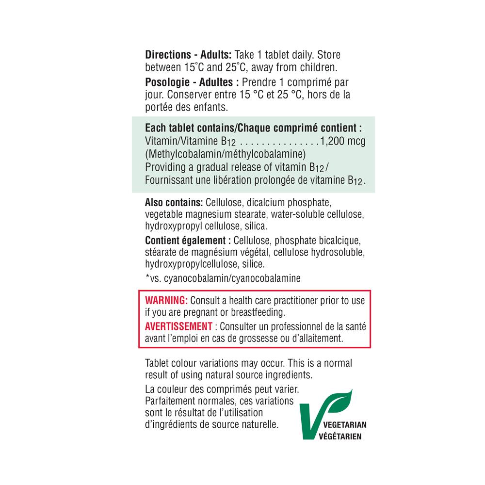 健美生  Jamieson Vitamin B12 Methylcobalamin Timed Release 60 + 20 tablets ingredient information panel