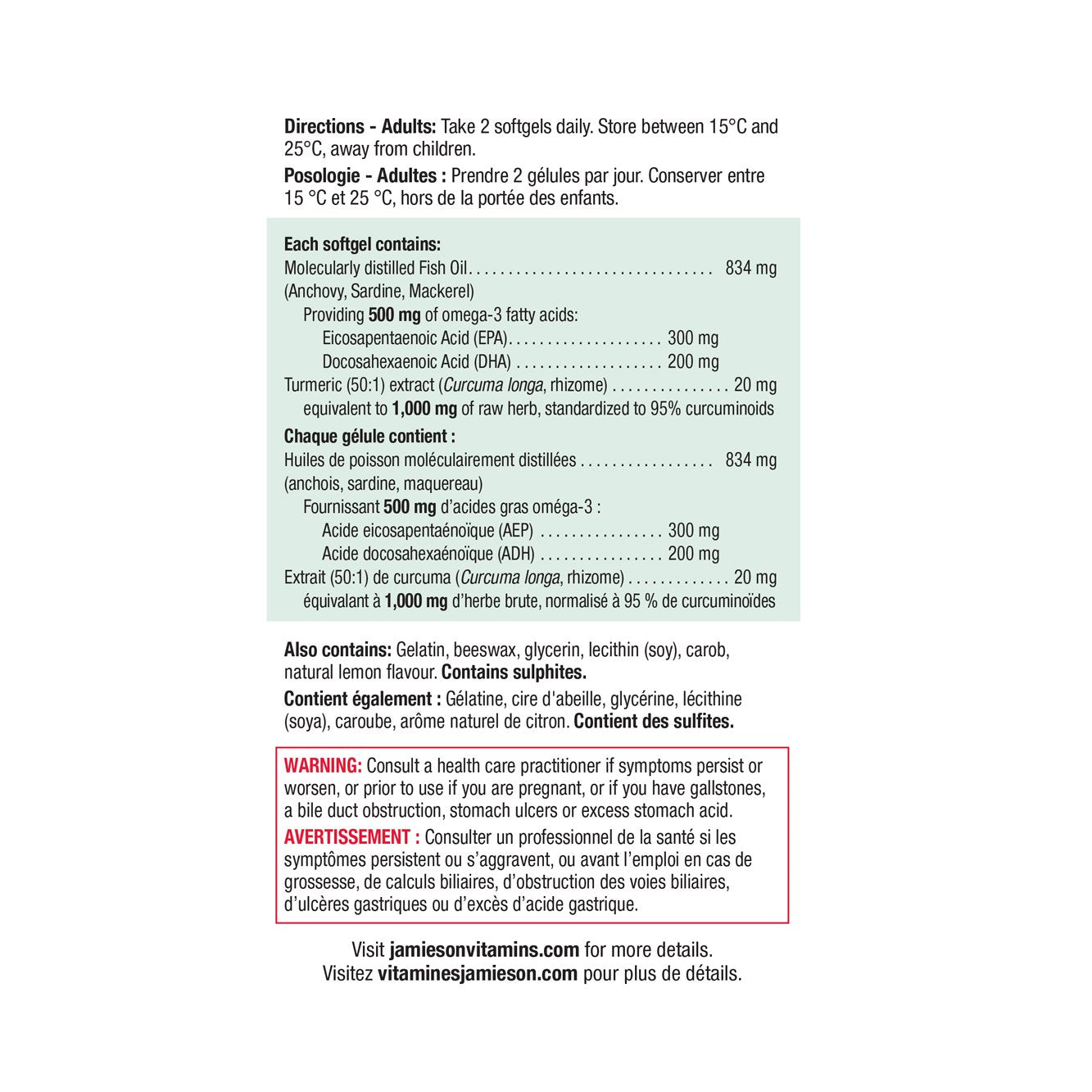 Jamieson Omega 3 + Turmeric, 75 softgels 健美生 ingredient panel photo