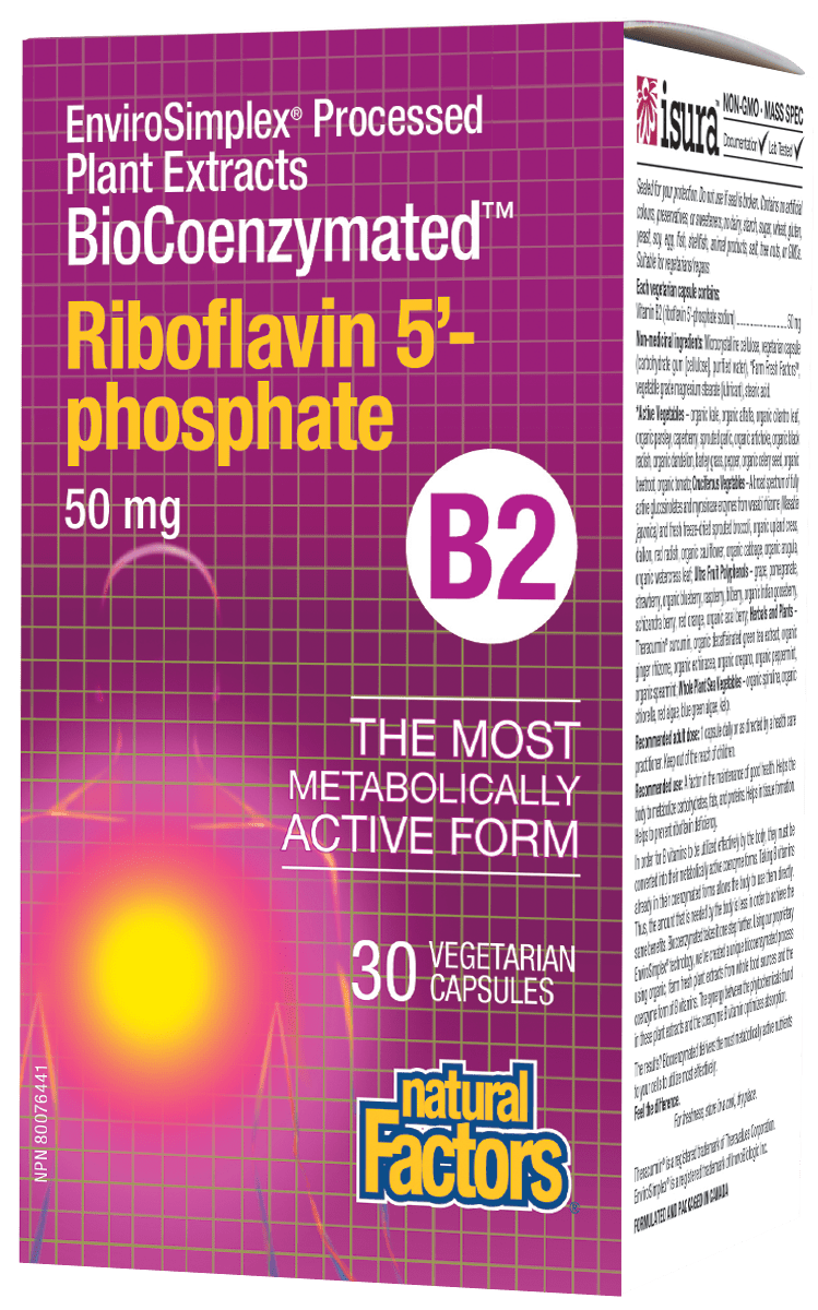 Box of Natural Factors BioCoenzymated Riboflavin 5'-Phosphate B230 Veg capsules with branding and product information.