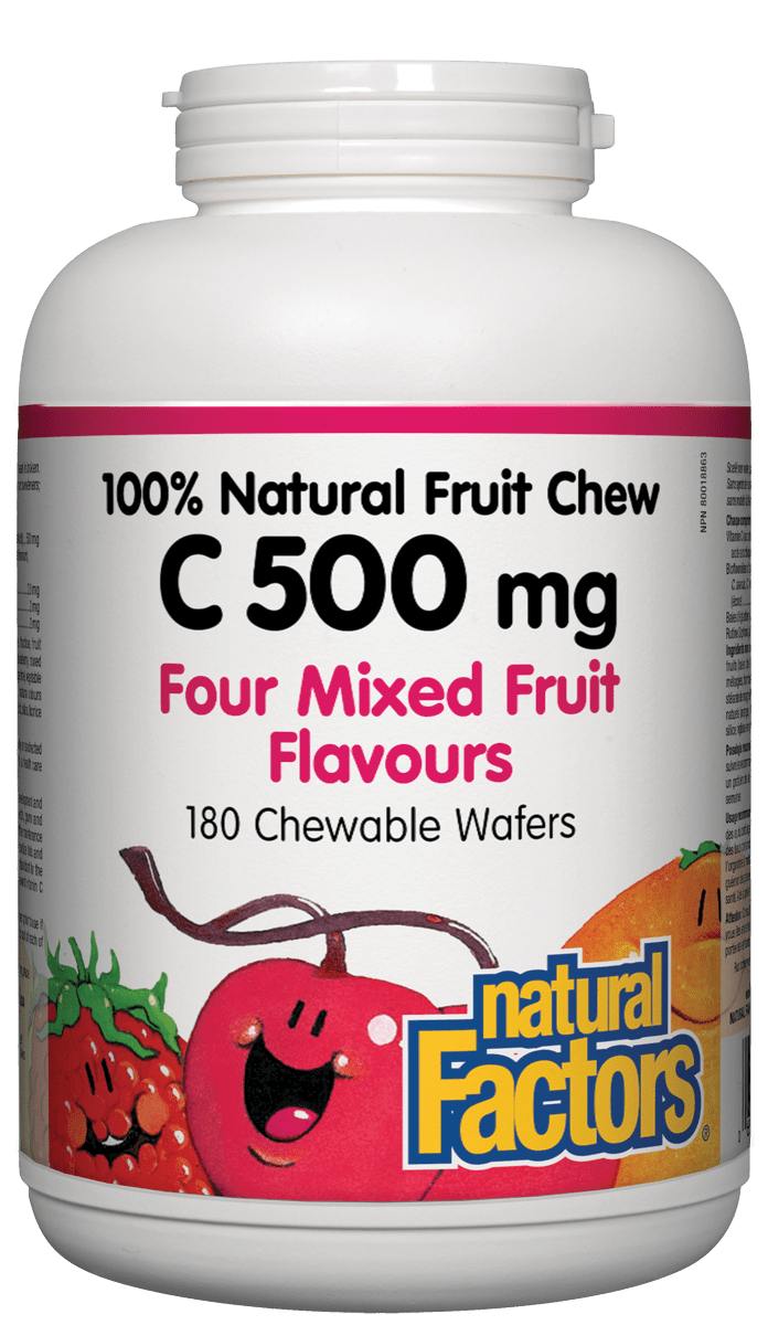 A bottle of Natural Factors Vitamin C chewable wafers in mixed fruit flavor, with a label showing an image of a smiling fruit salad and text indicating 500 mg per wafer and 180 chewable wafers included.