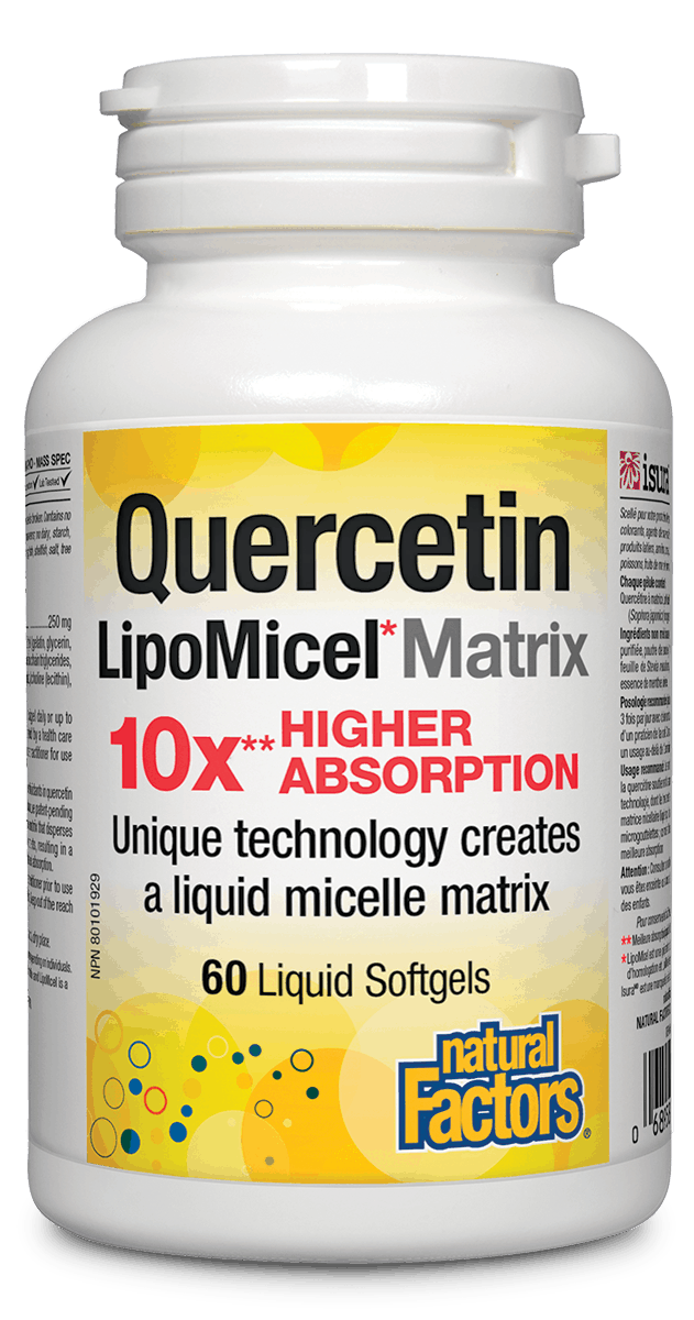 A bottle of Natural Factors Quercetin LipoMicel Matrix 60 softgels, with a label depicting a liquid micelle matrix and highlighting 10x higher absorption.
