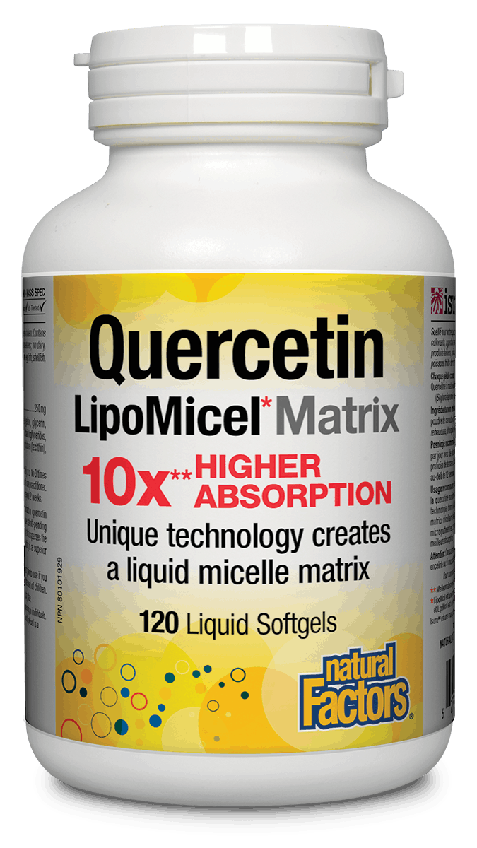 A bottle of Natural Factors Quercetin LipoMicel Matrix 120 softgels, highlighting 10x higher absorption with a liquid micelle matrix technology.