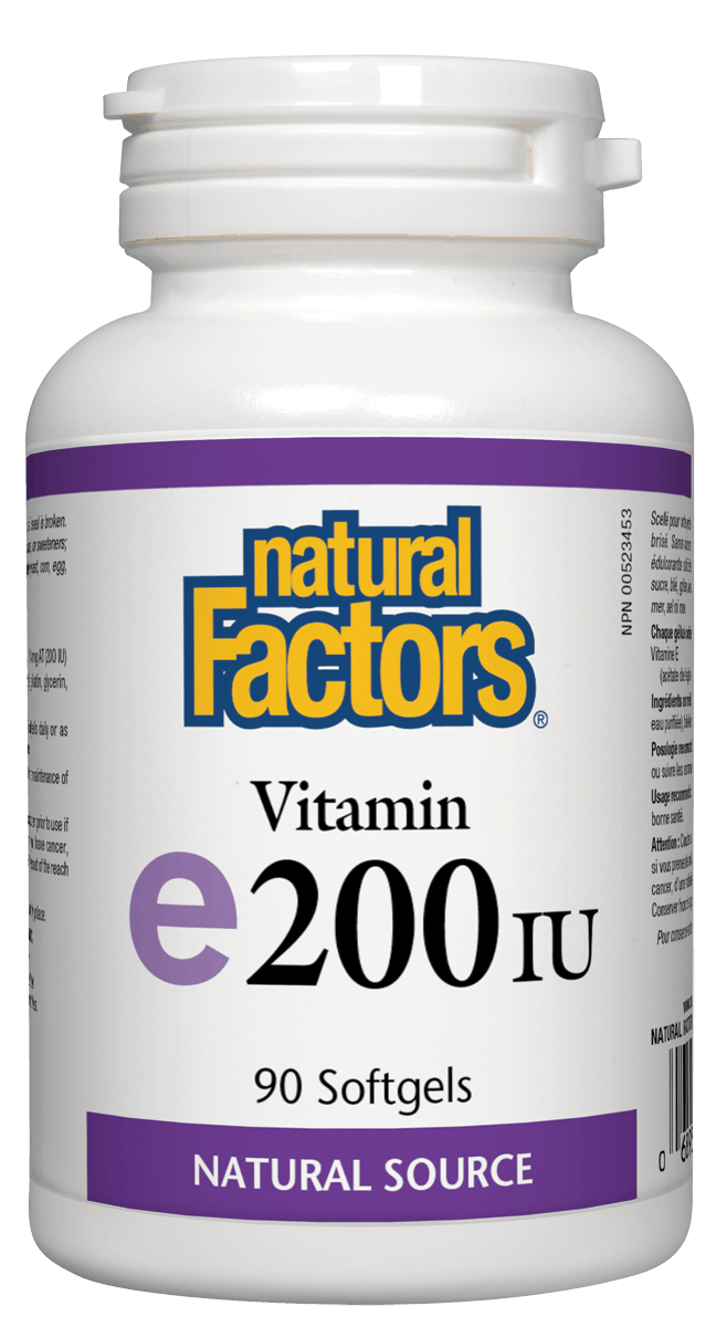 A bottle of Natural Factors Vitamin E 200 IU with 90 softgels.