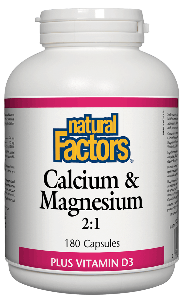 Natural Factors Calcium & Magnesium 2:1, with 100IU Vitamin D, 180 capsules Canadian label sold online by natvd.com