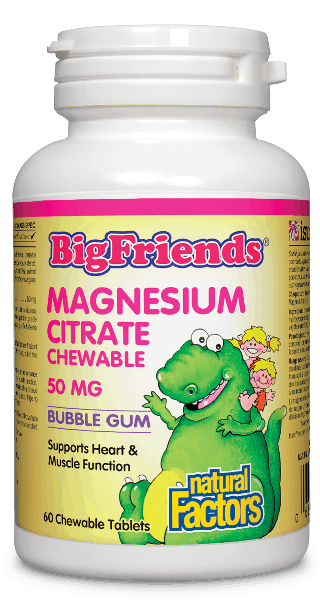 A bottle of Natural Factors Big Friends Magnesium Citrate chewable tablets in bubble gum flavor, with 60 chewable tables inside.