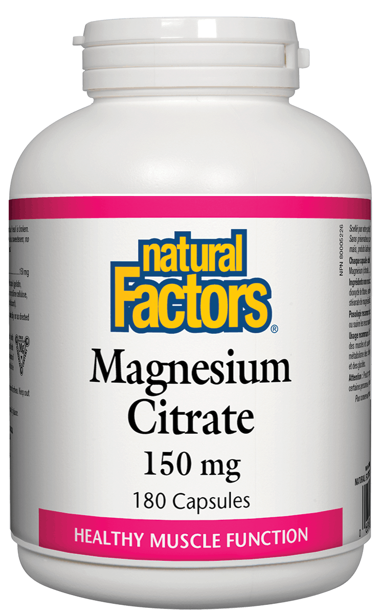 A bottle of Natural Factors Magnesium Citrate 150 mg, containing 180 capsules, with a pink label indicating healthy muscle function.