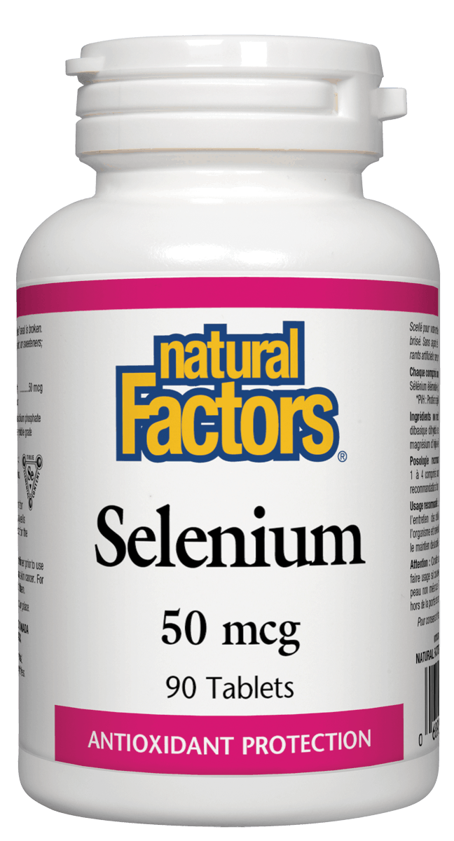 Bottle of Natural Factors Selenium 50 mcg with 90 tablets, labeled as an antioxidant protection supplement.