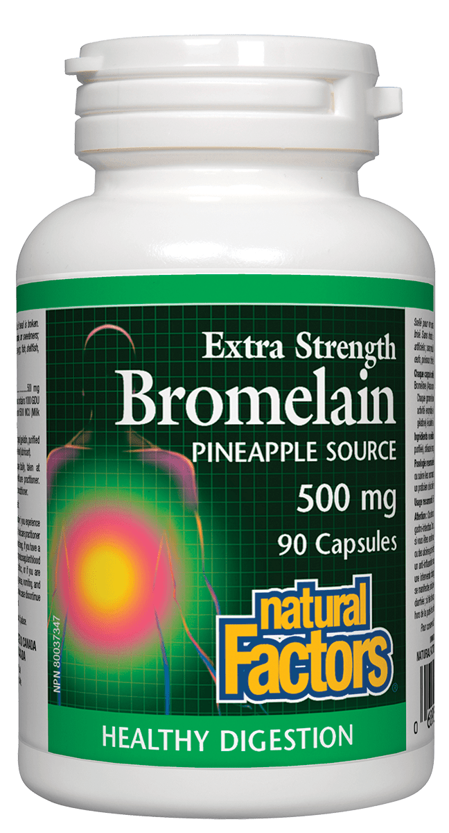 A bottle of Natural Factors Extra Strength Bromelain, Pineapple Source, 500 mg, with 90 capsules. The label is green and white with an image of a pineapple stem, indicating the source of the bromelain.