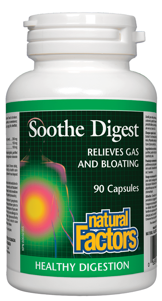 A bottle of Natural Factors Soothe Digest, which contains 90 capsules for relieving gas and bloating.